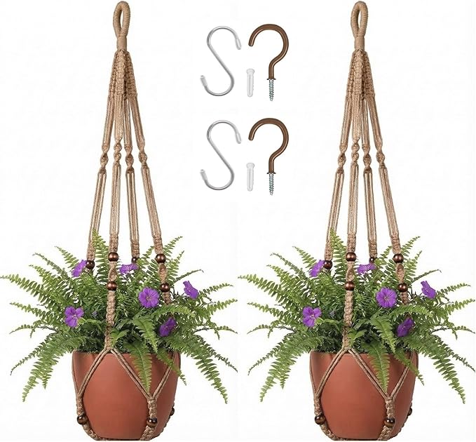 Macrame Plant Hanger 35", Set of 2 No Tassel Hanging Plant Holder, Sturdy Flower Pot Holder with 4 Hooks - Brown