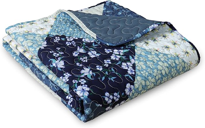 Exclusivo Mezcla 50"x 60" Quilted Throw Blanket- Microfiber Quilt Throw with Boho Patchwork Pattern, Reversible Blue Versatile Lap Quilt for All Seasons, Lightweight Throws for Bed/Couch/Sofa
