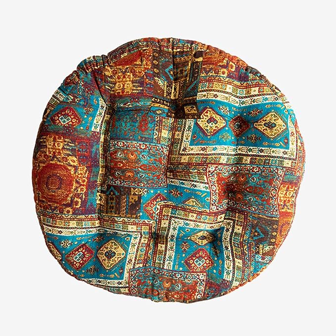 Round Bohemian Floor Pillow, Meditation Floor Seat Cushion, Large Soft Cotton Linen Pillows for Yoga Living Room Balcony Outdoor Tatami, 22x22 Inches (Blueflower Round)