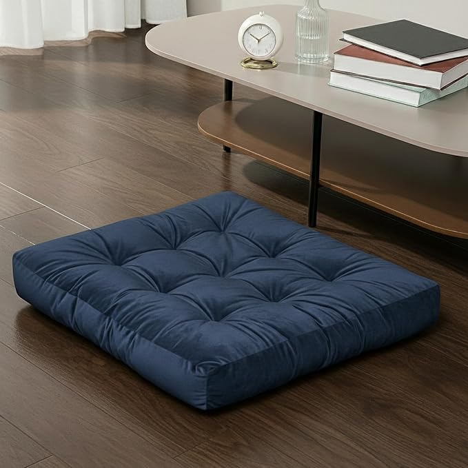 Floor Pillow for Sitting, Large Velvet Floor Seating Cushion for Adults, Tufted Big Pillow for Meditation, Yoga & Living Room, Machine Washable, 22x22 Inch, Navy
