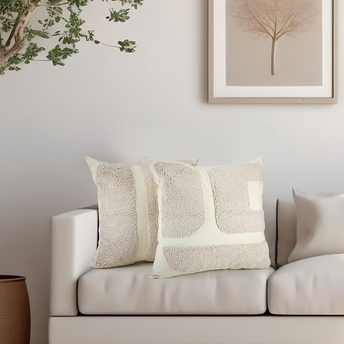 Oudain 2 Pcs Black and White Tufted Pillow Covers Boho Chunky Geometric Decorative Throw Pillow Case 18 x 18 Inches Abstract Pillowcases for Bed Couch(White Cream, Classic Style)