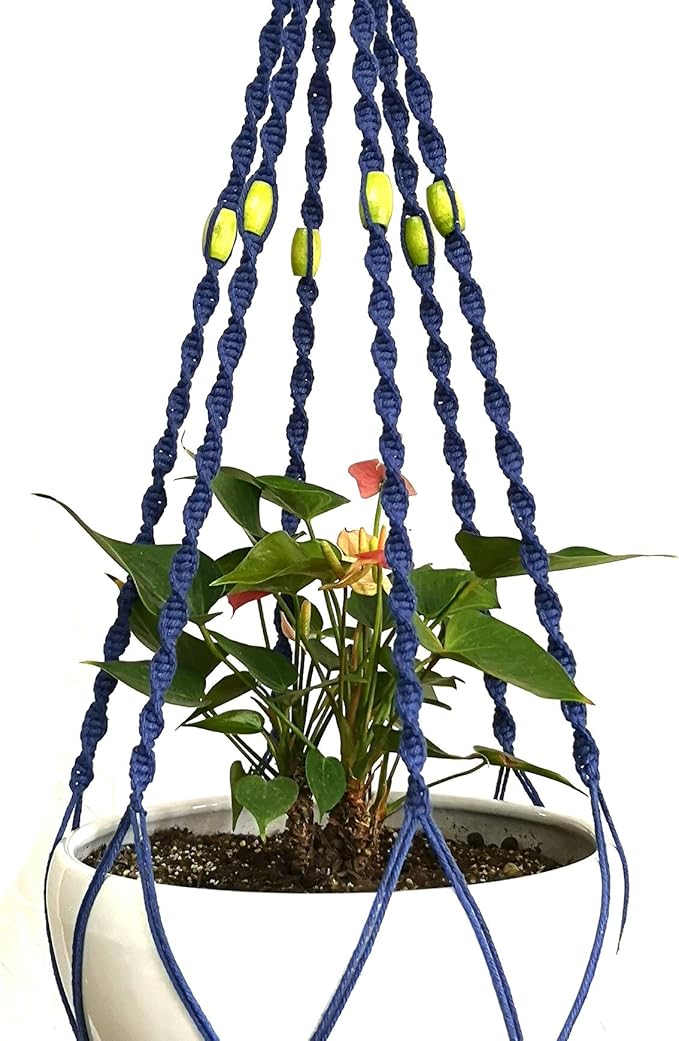 6 Legs Macrame Natural Jute and Cotton Plant Hanger & Holder and Metal Ring, 51-inches Length (Without The White Pot and Plant) (Navy Blue)