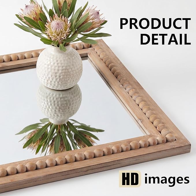 H HOMEWINS Rustic Wooden Mirror,22x30 Inch Farmhouse Boho Bathroom Rectangle Nursery Nature Beads Decor Wall-Mounted Mirror for Bedroom, Living Room,Vanity,Entryway,Over Sink
