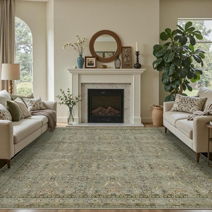 8x10 Area Rugs for Living Room Bedroom, Large Washable Rug, Vintage Floral Boho Rug, Non Slip & Low Pile Faux Wool Thin Carpet for Indoor Dining Room and Kids Room(Olive Brown 8x10ft)
