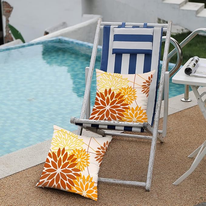 DFXSZ Brown Yellow Fall Pillow Cover 18X18 Inch Set of 2 Outdoor Waterproof Floral Brown Decorative Pillowcase Decor for Couch Patio Funiture Garden Print Polyester Cushion Cover 01M18