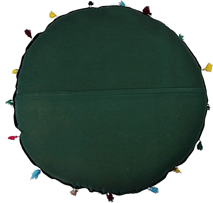Indian Handmade Patchwork Codework Green Round Pouf Cover Ottoman Floor Pillow Cushion Seating Throw Decorative Pom Pom Pillow Cases Boho 32 Inches