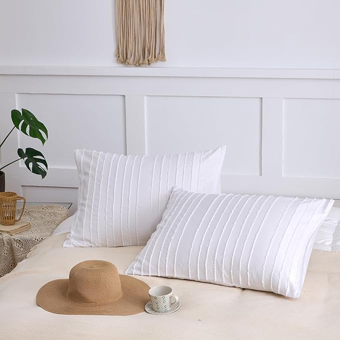Queen Pillow Shams 2 Pack, Queen Size Pillowcases, Soft Microfiber Geometric Striped Tufted Pillow Covers with Envelope Closure, White, 20x30 Inches (No Insert)