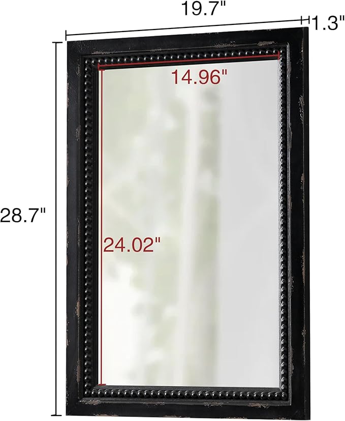 Rustic Black Mirror with Beaded Detailing 29 X 20 Inch, Wall Hanging Distressed Wood Frame Rectangular Gothic Wall-Mounted Mirrors for Living Room Bathroom Entryway, Horizontal or Vertical