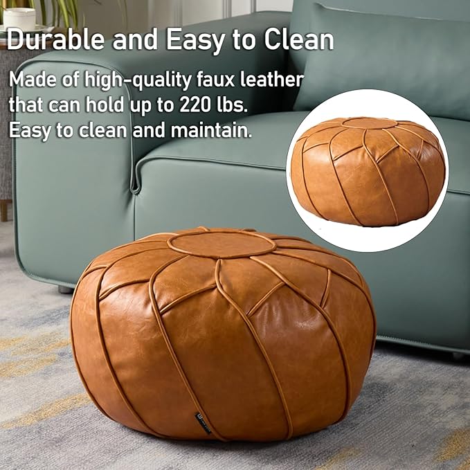 Louis Donné Unstuffed Moroccan Ottoman Pouf Cover, Handmade Faux Leather Pouf Cover with Storage, Boho Chic HomeDecor BeanBag Chair Footstool Rest for Living Seating Floor Cushion ONLYCover(Orange)