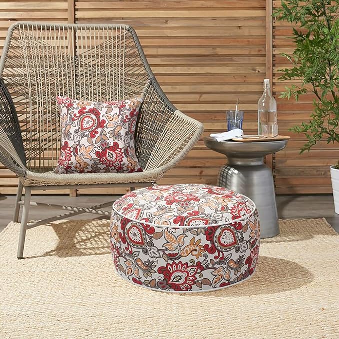 Magpie Fabrics Indoor/Outdoor Inflatable Stool Ottoman Pouf, Water Repellent Round Footrest Footstool with Foot Pump D20 xH9, Portable for Patio Garden Travel Camping or Home, Floral Red Orange