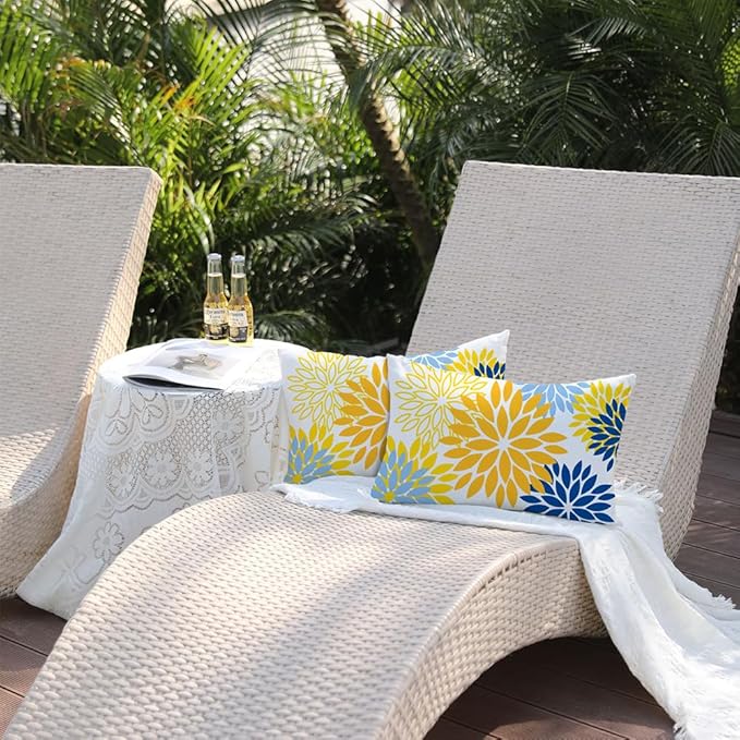 DFXSZ Yellow Blue Flower Pillow Covers 12x20 Inch Set of 2 Outdoor Throw Pillows Outdoor Waterproof Decor for Living Room Sofa Patio Funiture Garden Floral Polyester Pillow Covers 002J12