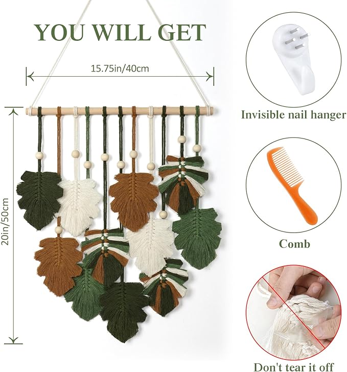 KHOYIME Macrame Wall Hanging Boho Home Decor, Bohemian Leaves Woven Yarn Tapestry Chic Aesthetic Wall Art Modern Handmade Leaf Hanging Decoration for Bedroom Living Room Nursery Office 15.7''W x 20''L