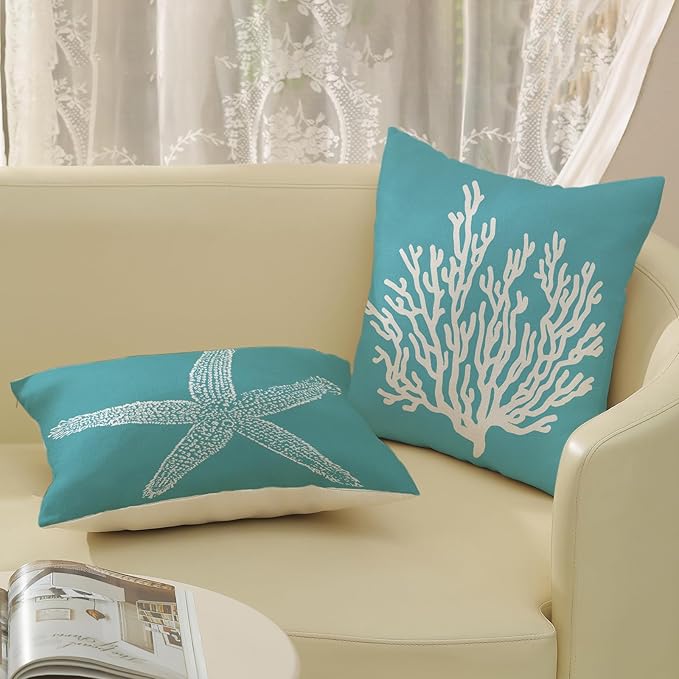 Coastal Pillow Covers 20x20 Set of 2 Aqua Teal Turquoise Coral Starfish Throw Pillows Nautical Ocean Decorations Summer Linen Beach Pillowcase Outdoor Decor Farmhouse Cushion Case for Couch