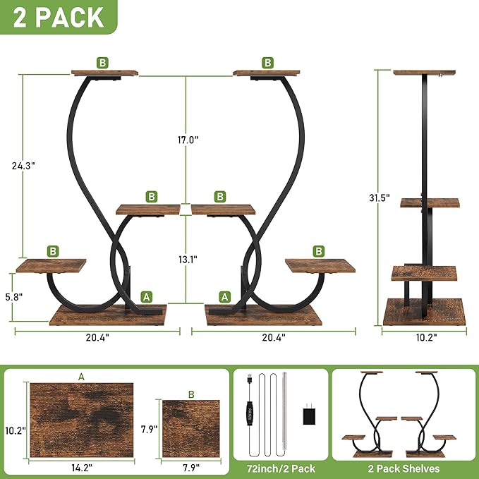 Plant Stand Indoor with Grow Lights - 2 Pack Plant Shelf, Lighted Corner Plant Stands for Indoor Growing, 4 Tiered Metal Flower Holder, S-Shaped Decorative Shelves for Home, Hallway, Black