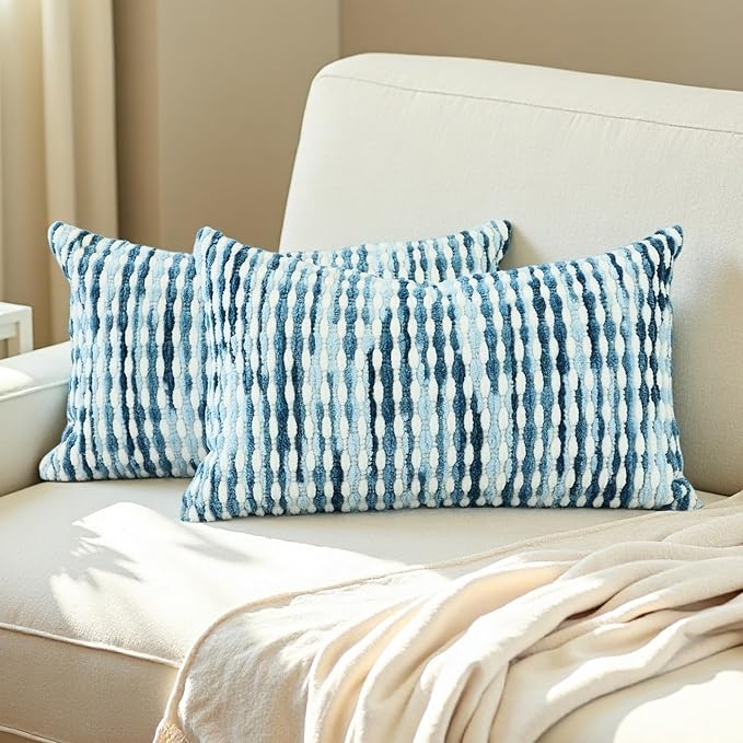 Boho Chenille Striped Pillow Cover 12x20 Inch, Decorative Lumbar Pillow Cover for Couch Bed Sofa Living Room Bedroom Farmhouse Modern Home Decor Accent Pillowcases Set of 2, Blue White
