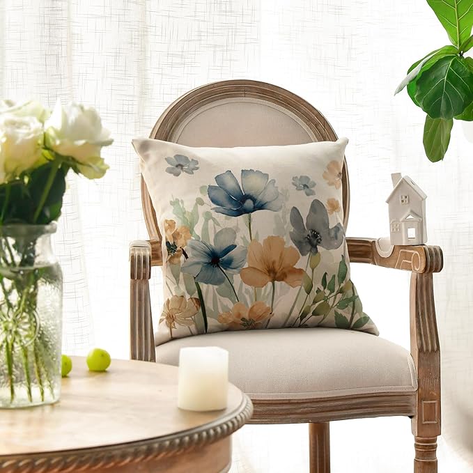AVOIN colorlife Poppy Flowers Chinoiserie Throw Pillow Covers, 18 x 18 Inch Light Brown Blue Seasonal Leaves Cushion Case Decoration for Sofa Couch Set of 2