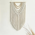 guzhiou Macrame Wall Hanging Boho Geometric Woven Tapestry Cotton Handmade Bohemian Art Decor with Wood Bead Wall Decor for Bedroom Living Room Apartment Nursery 31.5" L x 17" W (Wood bead-B)