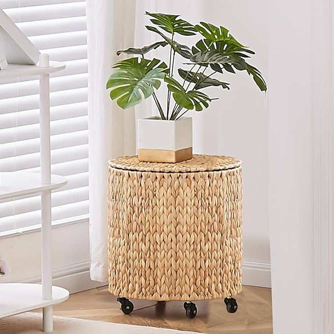 Wimarsbon 2Pcs Pouf Ottomans, Natural Seagrass Foot Stool, Hand Weaving Round Ottoman, Boho Decorative Seat, Jute Braided Pouffe Poof Accent Sitting Footrest (Storage Natural Water Hyacinth)