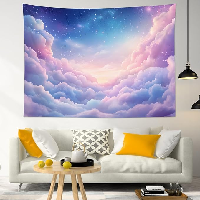 LB Pink Cloud Tapestry Blue Starry Sky Tapestries Wall Hanging Aesthetic Nature Scenery Wall Decor for Bedroom Living Room College Dorm,78Wx60H inches