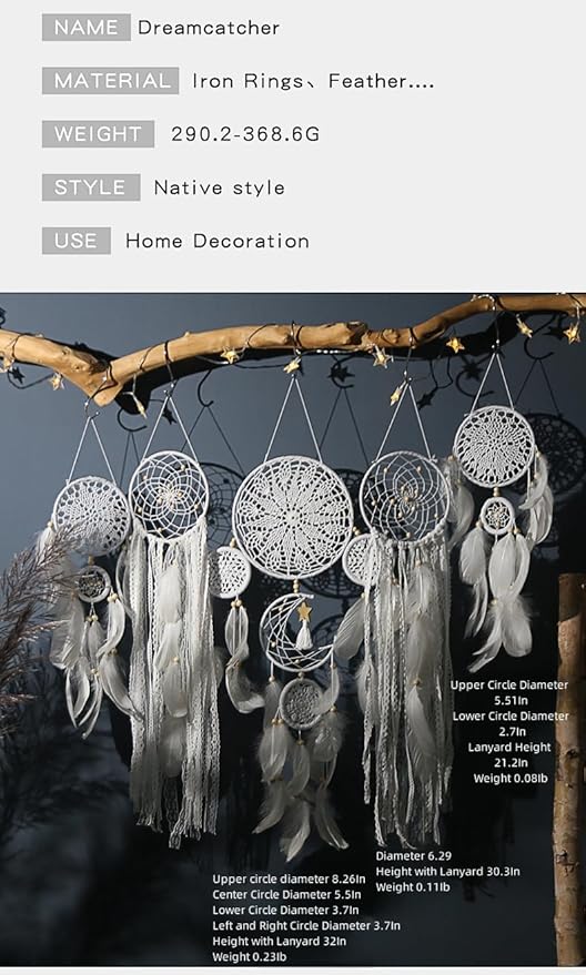 5 Pack Moon Phase Dreamcatcher Set Boho Wall Decor, Boho Macrame Wall Hanging Dream Catchers, for Home, Bedroom, Living Room, Witchy Gifts (Grey)