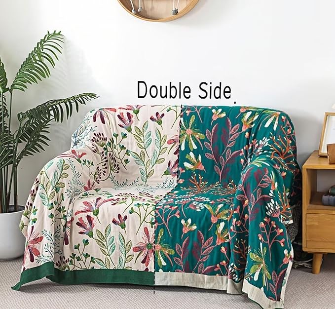 Boho Blanket for Bed 100% Cotton Bohemian Throw Blankets Ultra Soft Woven Muslin Decorative Blankets All Seasons Vintage Quilt Knitted Blanket for Sofa Chair(Green, 50"x60")