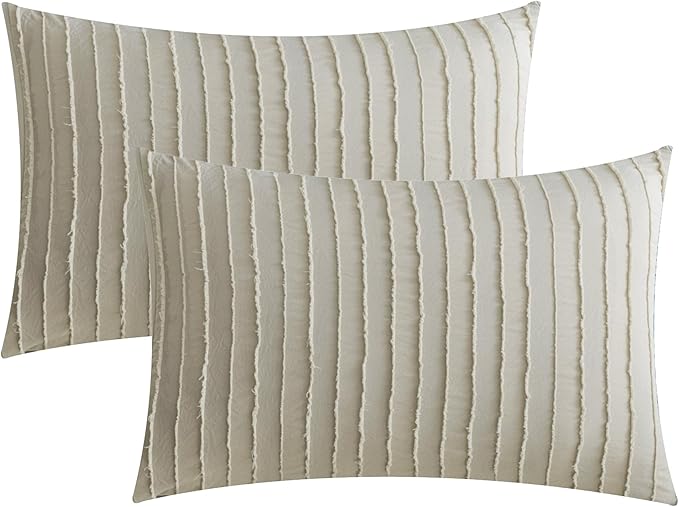 JELLYMONI Pillowcases Standard Size Khaki 2 Pack Boho Striped Bed Pillow Covers 20x26in Polyester Envelope Pillow Shams Tufted Bohemian Textured (Pillows are not Included)