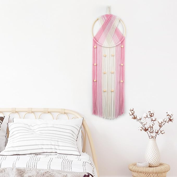 EOBTAIN Pink Macrame Wall Hanging Dream Catchers Pink and Beige Woven Tapestry Wall Art with Ombre Tassel, Boho Macrame Wall Decor for Bedroom Living Room Apartment Home,31.5L x9.84W Inch