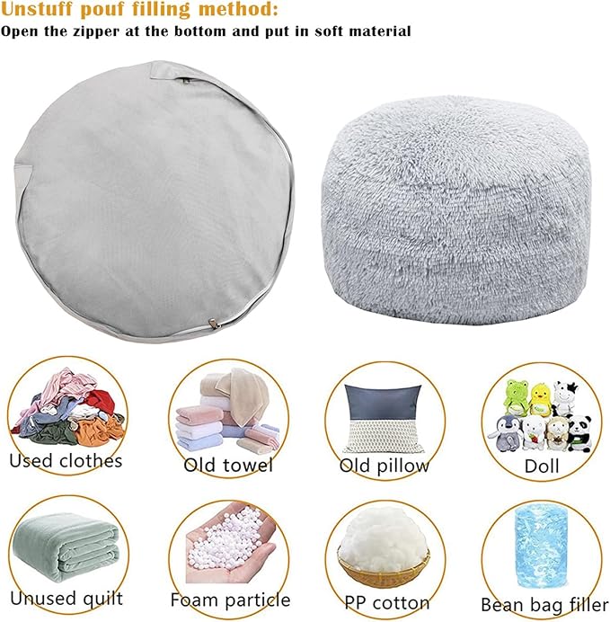 Asuprui Fur Ottoman Stool Unstuffed Footstool Cover Floor Pouf Foot Rest No Filler 20x20x12 Inches Round Poof Seat Foldable Floor Chair Storage for Living Room Bedroom Misty Gray Pouf Cover