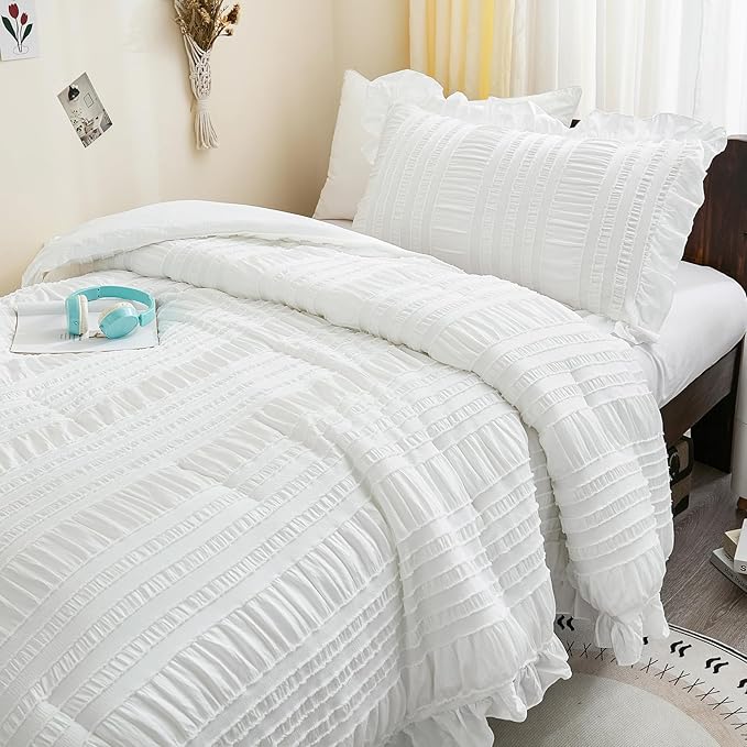 WONGS BEDDING Comforter Full Size, White Ruffle Comforter for Dorm Room Essentials for Full Bed, Soft Seersucker Textured Bedding Set Full Size Comforter Sets for Girls 90"×78"