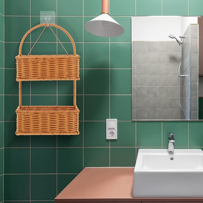 OUNONA Wall-Mounted Imitation Rattan Woven Basket 14.96X8.26X4.72In Hanging Storage Organizer for Kitchen Bathroom Fruits Vegetables Toiletries Space-Saving