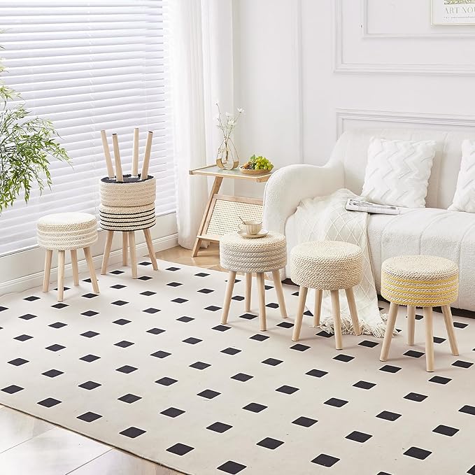Cpintltr Round Ottoman Footstool Natural Seagrass Foot Stool Pouf Ottomans with Solid Wood Legs Hand Weave Hyacinth Footrest Step Stool for Living Room Balcony Garden Natural & Beige
