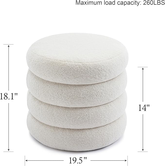 Boucle Ottoman with Storage, Small Round Footrest Stool for Living Room Bedroom, Upholstered Sherpa Vanity Seat with Removable Lid, Modern Comfy Foot Stool for Couch Entryway, Off White