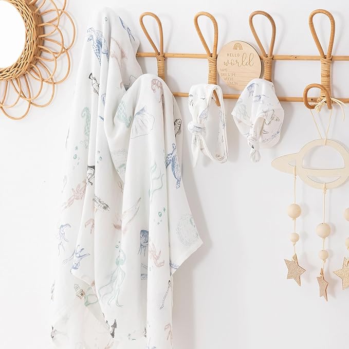 BabyWhale Muslin Swaddle Blanket with Hat and Headband Bow, Marine Animals Pattern Swaddle Set for Baby Boys ＆ Girls, Unisex Newborn Soft Receiving Swaddle Wrap, 47x47 inches