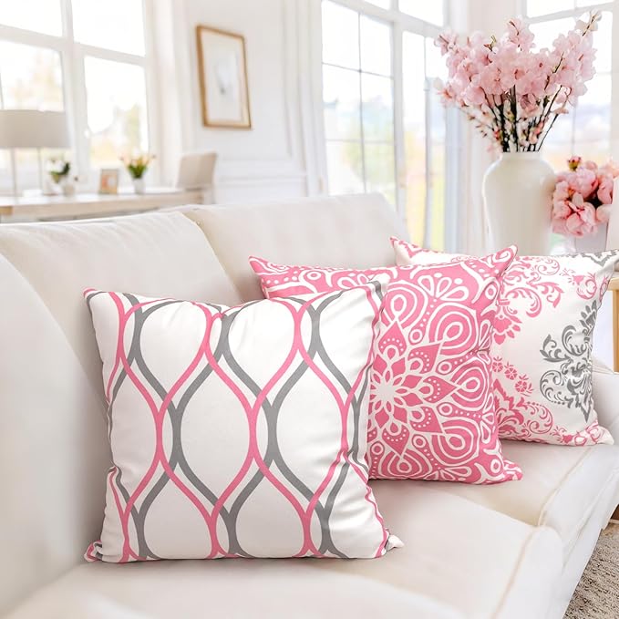 Coliuso Decorative Throw Pillow Covers 18x18 Set of 4, Pink and White Modern Simple Square Pillow Case Cushion Cover for Sofa Couch Farmhouse Living Room