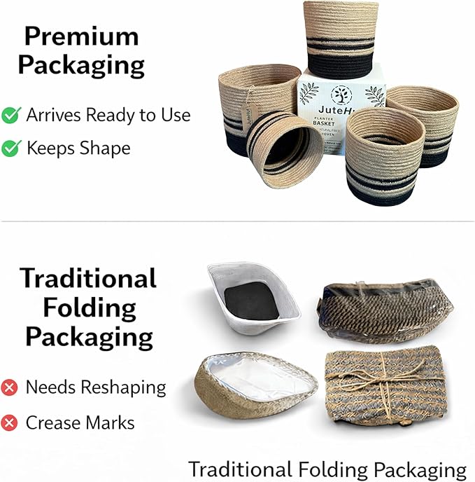 Planter Basket Set – 5-Piece Handwoven Jute Planter Basket for Home Decor, Nursery, or Indoor Plants (5'' to 8'' Diameter, 4.75'' to 7.75'' Height) – Fold & Wrinkle Free - Natural with Black Stripe
