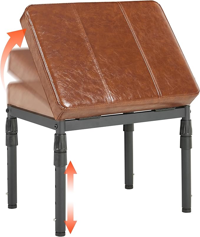 Adjustable Ottoman Pouf, 4 Height Position & 60 Degree Tilt Angle Synthetic Leather Ottomans Foot Stools Stool Pouffe FootStool Under Desk for Living Room Home Office(Brown Synthetic Leather)