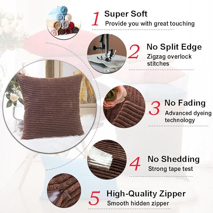 Home Brilliant Throw Pillow Covers 18x18 Set of 2 Solid Plush Corduroy Striped Square Cushion Covers Bed Decor, 18x18 inch, Brown
