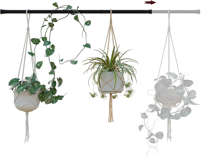 Bamworld Window Plant Hanger Indoor Adjustable Hanging Planters for Indoor Plants Spring Tension Rods 27''-51'' No Drilling Expandable Hanging Plant Holder for Hanging Basket for Balcony Decor(Black)