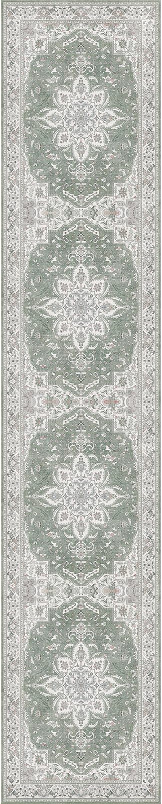 GENIMO 2X10 Washable Vintage Runner Rug for Hallway, Non-Slip Low Pile Chenille Print Rug, Soft Rugs for Indoor Entryway Kitchen Corridor, Sage & Linen