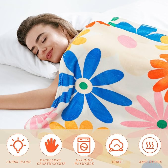 Frienda Vintage Flower Blanket Boho Colorful Throw Blanket Hippie Soft Blanket Preppy Decor Aesthetic Floral Flannel Throw Blanket for Sofa Couch Bed Chair or Dorm Supplies 50" x 60"
