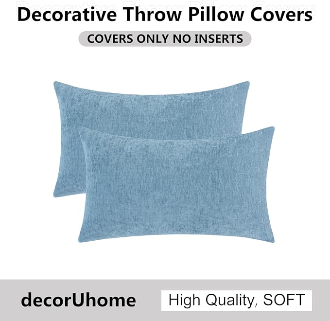 decorUhome Chenille Grey Blue Spring Throw Pillow Covers 12x20 Inch Set of 2, Decorative Soft Couch Pillow Covers Solid Dyed Accent Farmhouse Neutral Rectangle Pillow Cases for Sofa