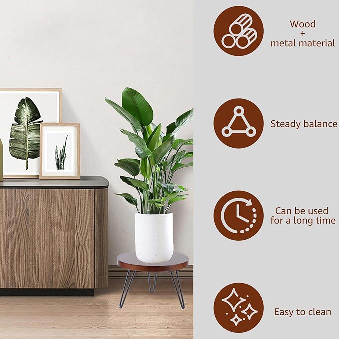 Plant Stand Indoor Outdoor, Wooden plant Stool, Mid Century Plant Stand for Indoor Plants, Wood Modern Plant Holder Rattan Flower, Low Short Boho Rustic Planter Stand Fit 5-15 Inch Pot (Walnut, M)
