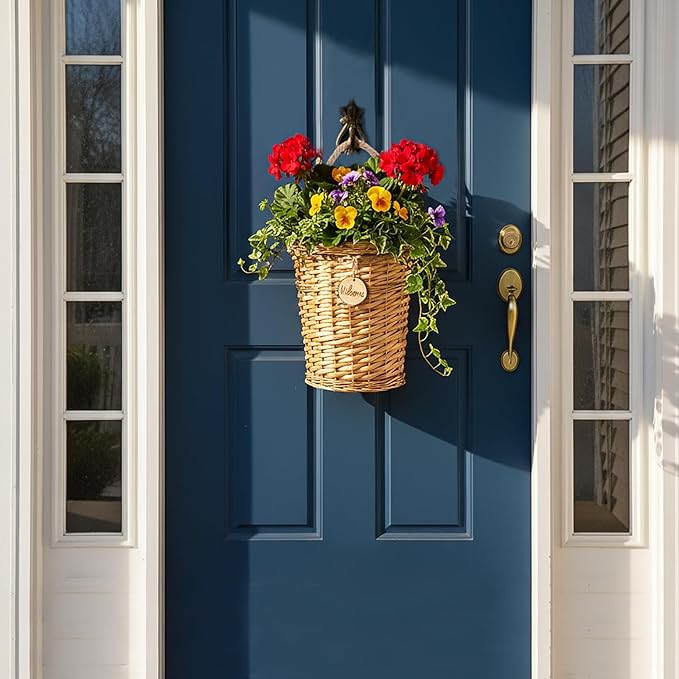 Hiceeden Wicker Hanging Wall Basket, Woven Front Door Flower Basket, Flat Hanging Storage Basket Wall Decor for Home, Garden, Pantry, Farmhouse