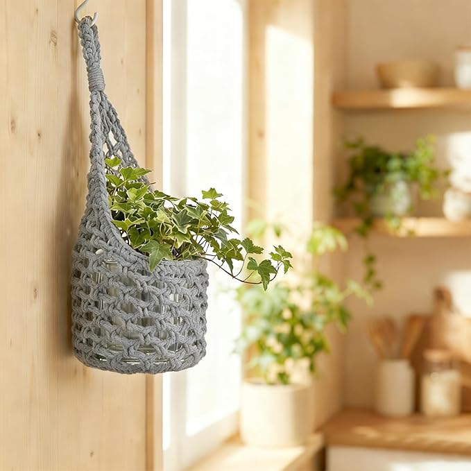 Macrame Wall Plant Hanger, Hanging Planter Basket Holder, Wall Planters for Indoor Plants, for Up to 6 Inch Pot (Grey, 6-Inch)