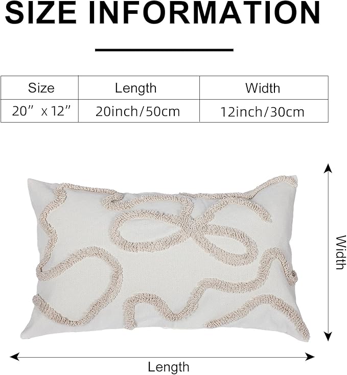 Coquette Bow Tufted Throw Pillow Cover 12x 20, Boho Neutral Linen Pillow Cushion Cases,Farmhouse Modern Decorative Pillows for Bed, Outdoor Couch Bedroom Car Cream