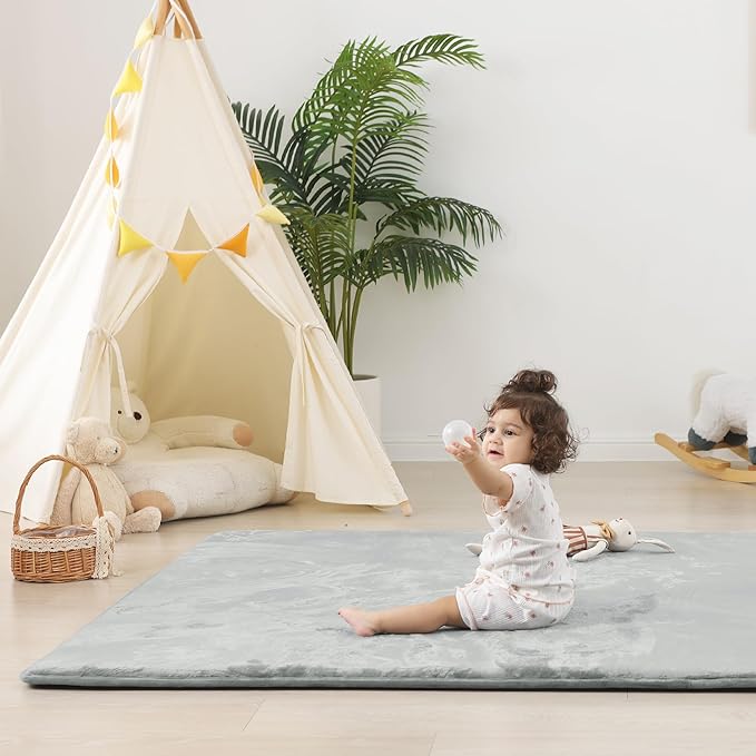 1.5" Thick Baby Play Mat for Floor, 39x59 Playpen Mat, Pro Soft Flannel Foam Mats Toddler Infant Kids Crawling for Nursery Rug Playroom Living Room Waterproof Easy Care Non-Slip (Light Grey)