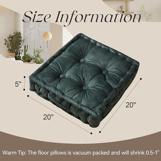 Square Floor Pillows, Large Floor Cushion for Adults Kids, Meditation Floor Pillow Seating Cushion with Shredded Memory Foam and Silk Wadding, 20"x20"x5" Dark Green