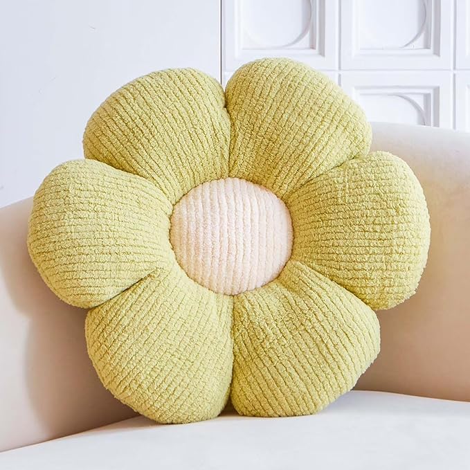 Light Green Flower Pillow - Decorative Throw for Bed Couch, Cute Daisy Shaped Plush Aesthetic Cushion, Soft 19.6" Floor Seat
