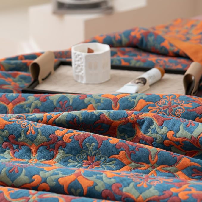 100% Cotton Muslin Blanket Jacquard Bohomian Mandala Floral Print Quilt, Soft Bed Cover 3 Layers Reversible Bedspread Coverlet Breathable Lightweight Bedding King(98"x94"), No Pillow Sham