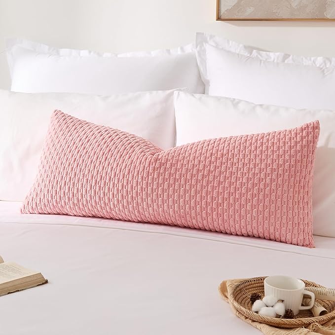 Kevin Textile Valentines 14x36 Inch Long Lumbar 1 Pack Boho Decorative Throw Pillow Cover Soft Striped Corduroy Rectangle Cushion Case Farmhouse Accent for Living Room Couch Sofa Bed, Dark Pink
